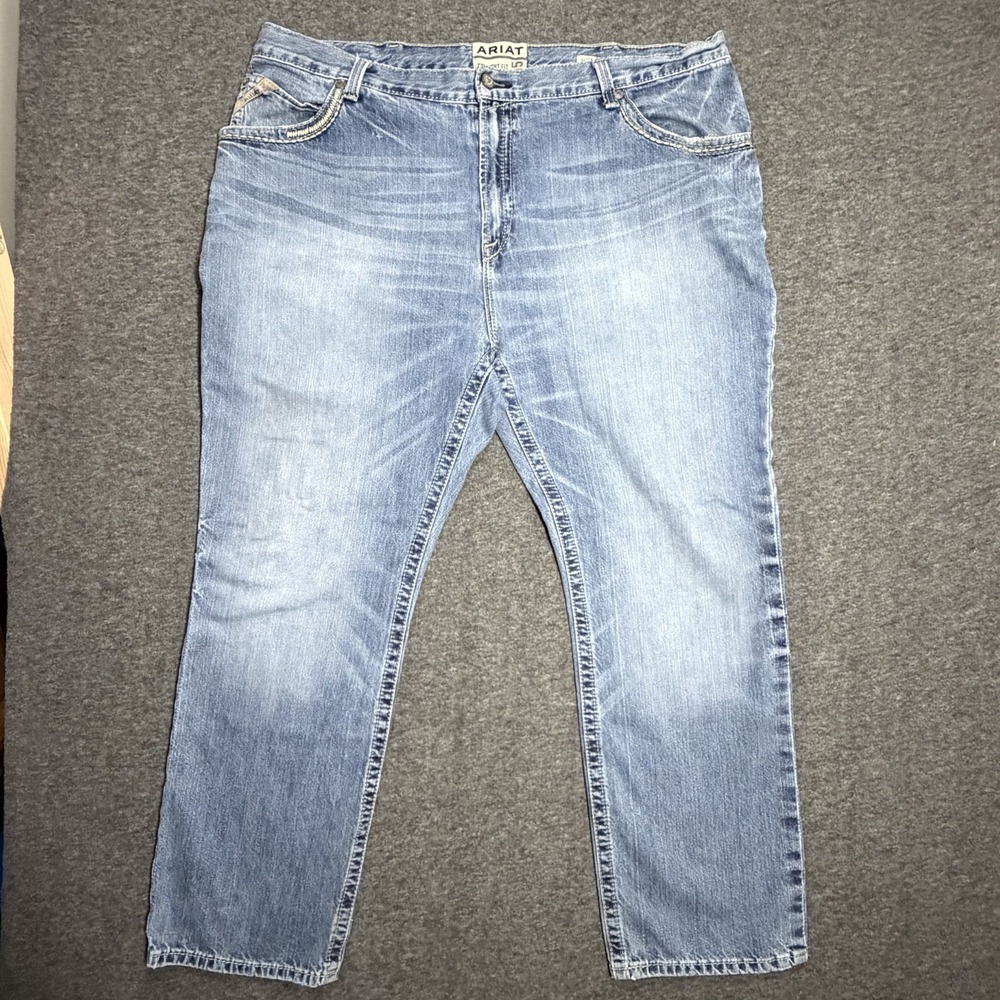 Ariat M5 Straight Fit Jeans Mens 44x32 Blue Denim Cotton Medium Wash Whiskers